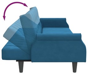 Sofá-cama 2 lugares c/ almofadas e apoio de pés veludo azul