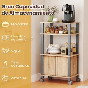 Carrinho de cozinha micro-ondas com rodas 60 x 40 x 98 cm, prateleiras e armário Natural