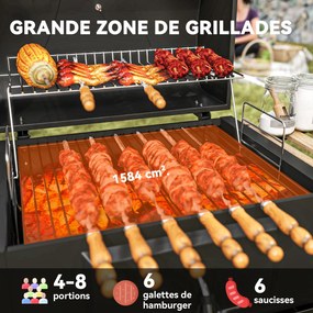 Grelhador a carvão com altura ajustável, incluindo grelha, tampa, termómetro, prateleiras, rodas e abridor de garrafas, na cor preta