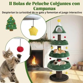 Arranhador para gatos em forma Árvore de Natal 179 cm com Vários Níveis com 3 Plataformas de Veludo Cabide Fechado Superior Verde