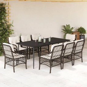 9 pcs conjunto jantar p/ jardim c/ almofadões vime PE castanho