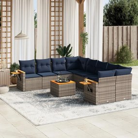 9 pcs conjunto sofás p/ jardim c/ almofadões vime PE cinzento