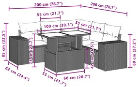 6 pcs conjunto de sofás jardim c/ almofadões vime PE castanho