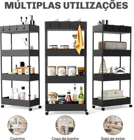 Carrinho Auxiliar com Rodas Carrinho de Armazenamento com 4 Cestas e 4 Ganchos Amovíveis 40x19x90 cm Preto