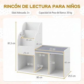 Estante infantil com banco de 3 níveis 80 x 29,5 x 81,5 cm, 3 compartimentos abertos e almofada de assento para quarto ou sala de jogos - Branco