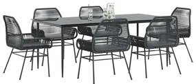 vidaXL Conjunto de jantar jardim 7 peças almofadas vidro vime PE preto