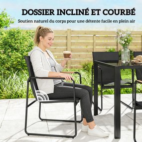Conjunto de sala de jantar de jardim de 7 peças para 6 pessoas, mesa de vidro e cadeiras com braços decorativos, malha resistente às intempéries, pret