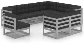 9pcs conjunto lounge de jardim c/ almofadões pinho maciço cinza