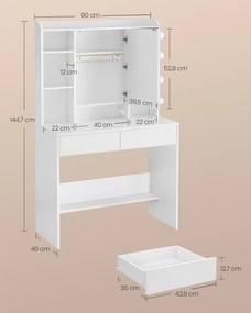 Toucador moderno com espelho e gavetas (Banco não incluído) 40 x 90 x 144,7 cm Branco 