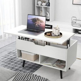 Mesa de centro com tampo elevável 80 x 40 x 46 cm, compartimento oculto e 2 prateleiras para sala de estar Branco