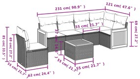 7 pcs conjunto de sofás p/ jardim com almofadões vime PE bege