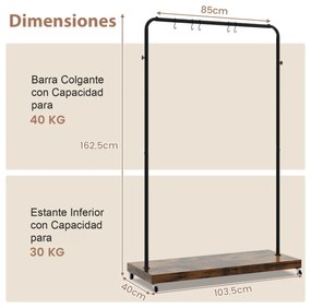 Armário Cabide estilo industrial em tubo de metal com rodas com painel inferior e ganchos de suspensão 103,5 x 40 x 162,5 cm Castanho