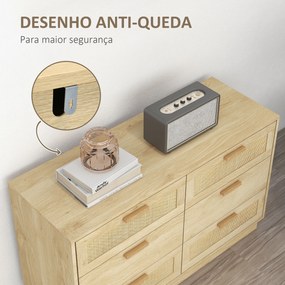 Cómoda para Quarto Cómoda de Madeira com 6 Gavetas de Vime Estilo Boêmio para Corredor Escritório 110x40x69 cm cor Carvalho