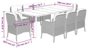 9 pcs conjunto de jantar p/ jardim c/ almofadões vime PE cinza