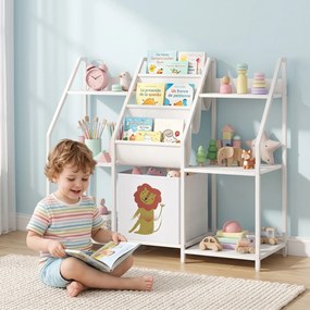 Estante infantil de 3 níveis, estante para livros infantis com gaveta em tecido, 93 x 30 x 76 cm, branca