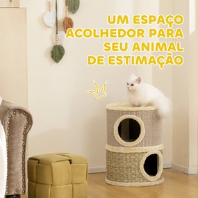 Arranhador em Forma de Cilindro para Gatos com 3 Níveis Plataforma e Caverna Confortável 37,5x37,5x70 cm Caqui e Bege