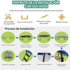 Trampolim para ar livre crianças e adultos  com aro de basquetebol, almofada de segurança e escada 3M azul e preto