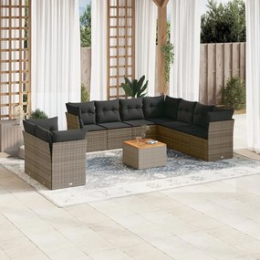 10 pcs conjunto sofás de jardim c/ almofadões vime PE cinzento
