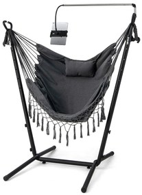 Cadeira de rede com suporte e suporte Alça suspensa com almofada ajustável em altura e bolsa lateral 152 x 107 x 96-146 cm Cinza