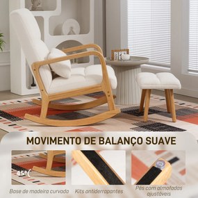 Poltrona de Baloiço com Apoio para os Pés Estofado em Bouclé com Almofada Acolchoada Encosto Ergonómico Apoios de Braços e Pés de Madeira 64,5x82x89 c
