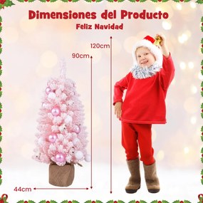 Mini Árvore de Natal artificial de mesa de 90 cm pré-decorada com 12 bolas de algodão 24 bolas decorativas Ramos de neve Rosa