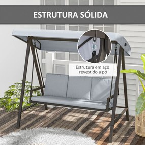 Baloiço de Jardim de 3 Lugares com Toldo Ajustável Almofadas Removíveis e Estrutura de Aço 200x125x175 cm Cinza