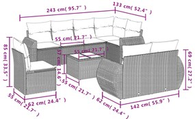 9 pcs conjunto de sofás p/ jardim com almofadões vime PE bege