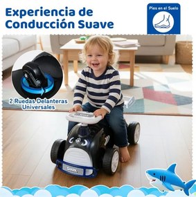 Andarilho infantil Tubarão com música, arrumação debaixo do assento e rodas universais para crianças dos 19 aos 36 meses Preto+Azul