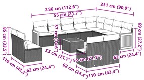 13 pcs conjunto sofás p/ jardim c/ almofadões vime PE cinzento
