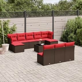 vidaXL 11 pcs conjunto sofás de jardim c/ almofadões vime PE castanho
