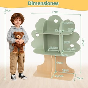 Estante infantil em forma de árvore com 8 cubos abertos 97 x 28 x 114 cm, com padrão de maçãs recortadas, para quarto infantil, sala de jogos ou crech