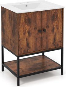 Armário de casa de banho com lavatório em cerâmica com arrumação sob o lavatório com 2 portas Castanho rústico