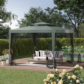 Outsunny Pérgola de Jardim 3x3m Pérgola com 4 Redes Mosquiteiras Laterais com Zíper Teto de Ventilação e 8 Orifícios de Drenagem Pérgola para Terraço Pátio Exterior Verde
