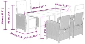 5 pcs conjunto jantar p/ jardim c/ almofadões vime PE castanho