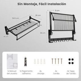 Toalheiro de casa de banho dobrável com barra ajustável e ganchos móveis Estante de alumínio resistente à ferrugem e à água 59,5 x 26 x 14 cm Preto
