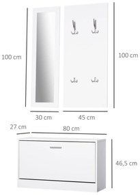 Conjunto de móveis de entrada 3 em 1 com sapateira com espelho e cabide com 4 ganchos para pendurar ropa para corredor 80x27x46,5 cm Branco