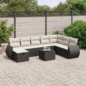 9 pcs conjunto de sofás p/ jardim c/ almofadões vime PE preto