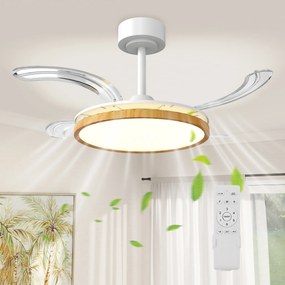 Ventoinha de Teto com Luz LED 80 W Motor DC Reversível Controlo Remoto 6 Velocidades Temporizador Ø95 cm Branco e Madeira