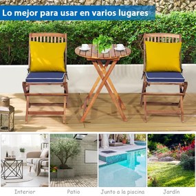 Conjunto 5 Peças Móveis Bistro de Madeira 2 Cadeiras com Almofada Mesa de Madeira de Acácia Mesa de Exterior Dobrável para Terraço Jardim Piscina Azul
