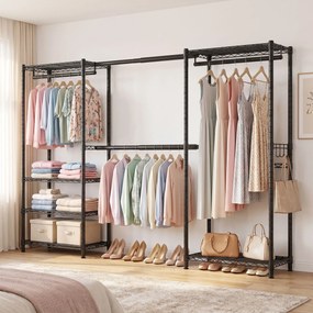 Guarda roupa aberto 40 x (177-220) x 193 cm com ganchos, extensível, com prateleiras ajustáveis e varão aberto para pendurar roupa, preto