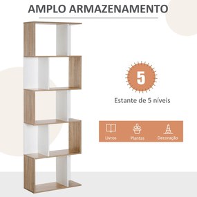 Estante para Livros Estante Alta de Parede com 5 Níveis em Forma de S Desenho Moderno 60x24x184,5cm Branco e Madeira