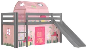 Conjunto Cama alta de Criança PINO 90 x 200 cm + estrado + escada + escorrega + tunel + cortina Primavera Cinzenta