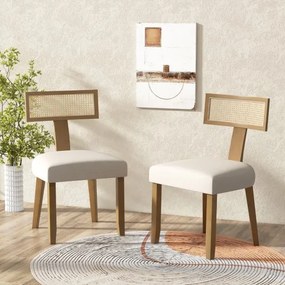 Conjunto de 2 cadeiras de jantar em madeira de borracha, com assento estofado, encosto largo e rattan; para sala de estar, quarto, restaurante e café+
