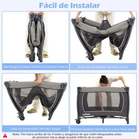 Berço com Centro de atividades 5 em 1 para bebés, parque e mesa para trocar fraldas. Inclui brinquedos suspensos, caixa de música, rodas e cesto. Pret