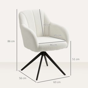Poltrona de sala giratória, banco toucador estofada e de grande conforto, com base em aço e tecido com efeito de pelúcia branca
