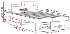 Estrutura da Cama com cabeceira Castanho-mel 140 x 190 cm