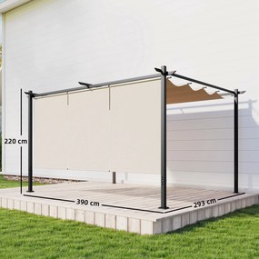 Pérgola com Teto Retrátil de 390x293x220 cm Pérgola de Parede ou Independente com Lados Enroláveis Proteção UV30+ Bege