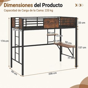 Cama infantil Alta com Secretária, 208 x 94 x 174 cm, Estrutura Metálica Reforçada, Castanho+Preto