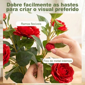 Planta Artificial de Camélia 65 cm com Flores Realistas de Seda 116 Folhas e Efeito de Musgo Vermelho