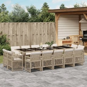 vidaXL 15 pcs conjunto de jantar p/ jardim com almofadões vime PE bege